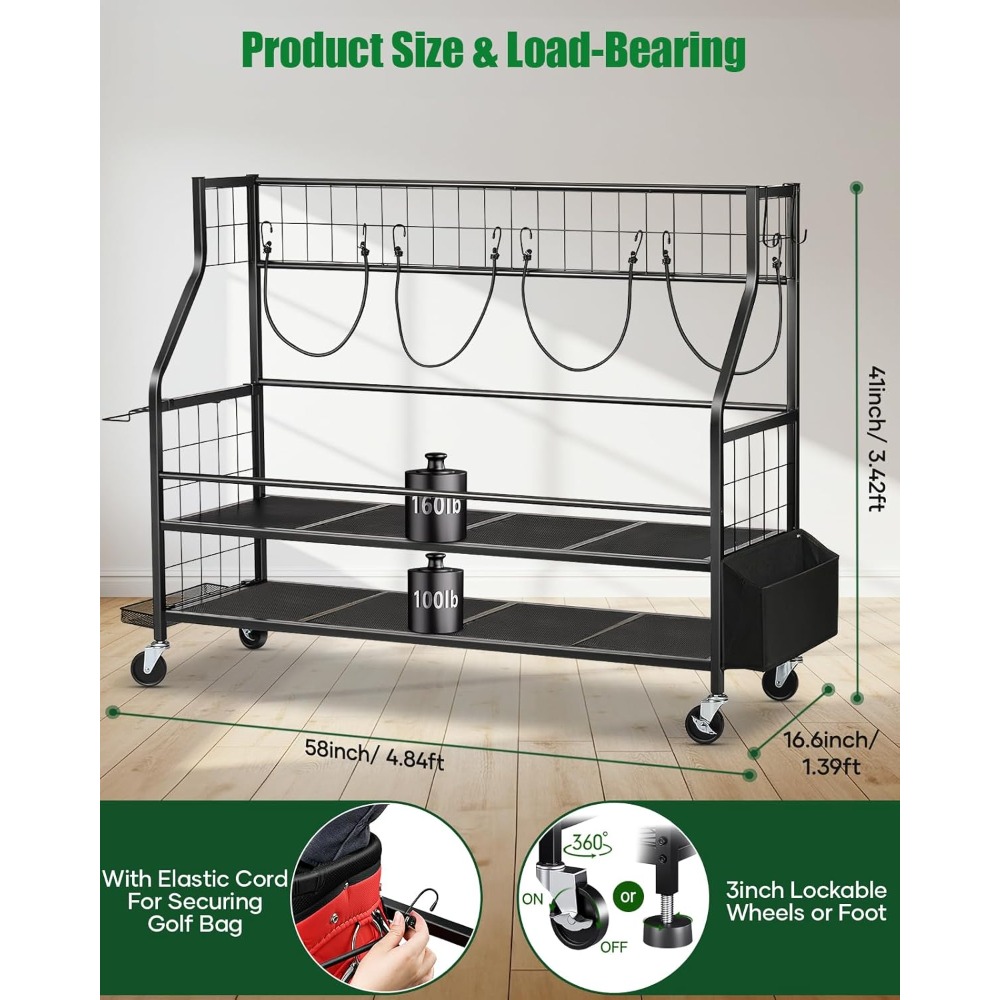 Golf Equipment Garage Storage - حامل تخزين حقائب الجولف بعجلات، منظم